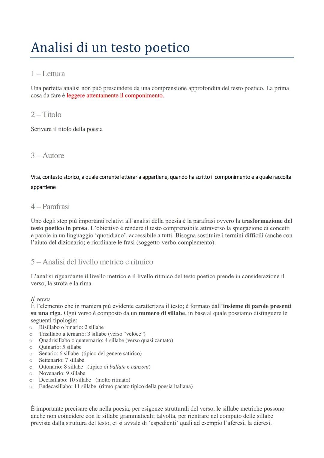 Analisi di un testo poetico
1 - Lettura
Una perfetta analisi non può prescindere da una comprensione approfondita del testo poetico. La prim