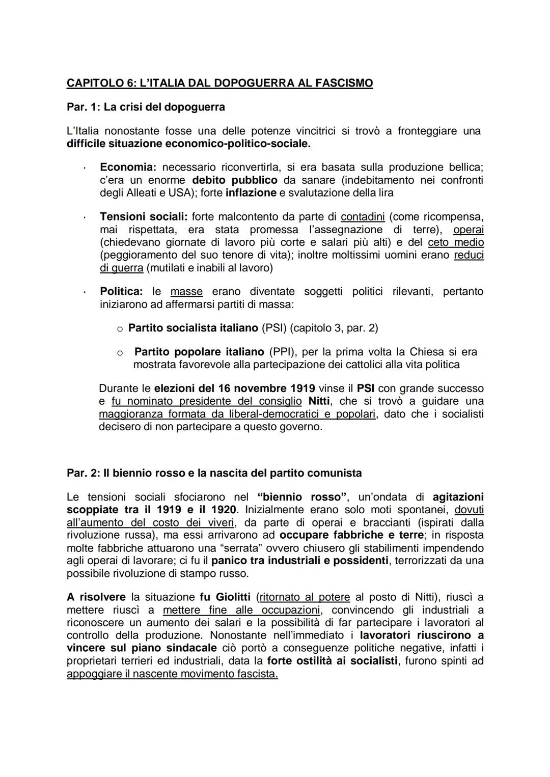 # CAPITOLO 6: L'ITALIA DAL DOPOGUERRA AL FASCISMO

Par. 1: La crisi del dopoguerra

L'Italia nonostante fosse una delle potenze vincitrici s