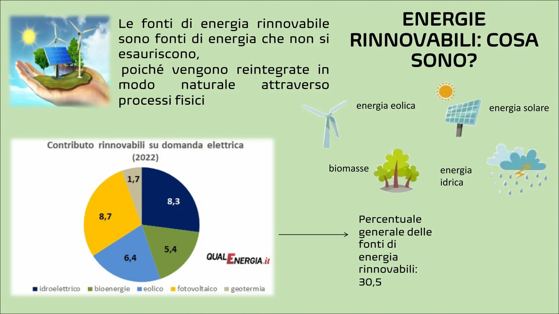 Le fonti di energia rinnovabile
sono fonti di energia che non si
esauriscono,
8,7
poiché vengono reintegrate in
modo naturale
attraverso
pro