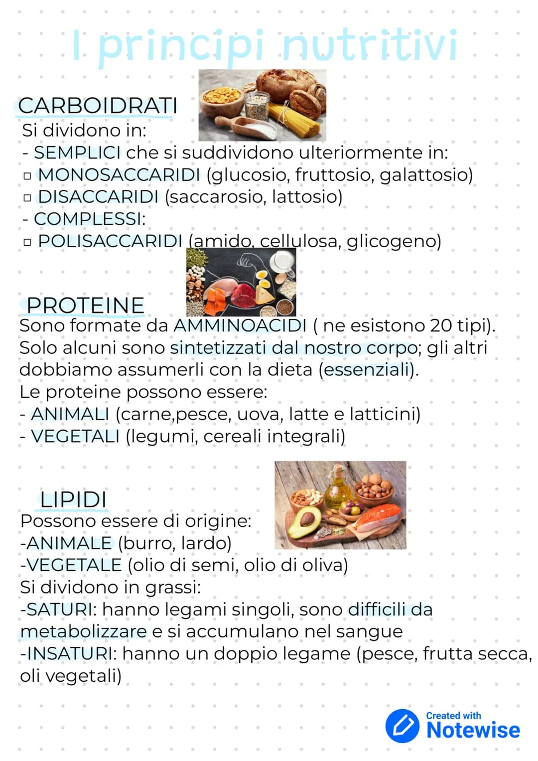 I principi notritivi
CARBOIDRATI
Si dividono in:
- SEMPLICI che si suddividono ulteriormente in:
O MONOSACCARIDI (glucosio, fruttosio, galat