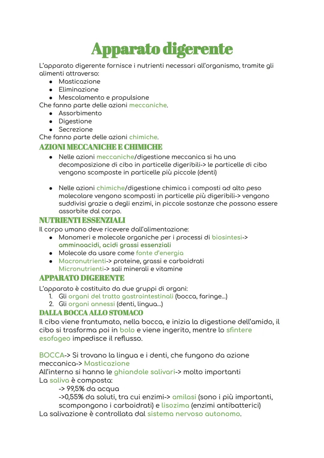 
<p>L'apparato digerente si occupa di fornire all'organismo i nutrienti necessari attraverso l'assunzione di cibo e svolge azioni meccaniche