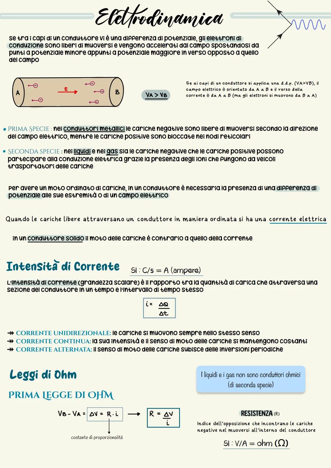 Elettrodinamica
se tra i capi di un conduttore vi è una differenza di potenziale, gli elettroni di
conduzione sono liberi di muoversi e veng