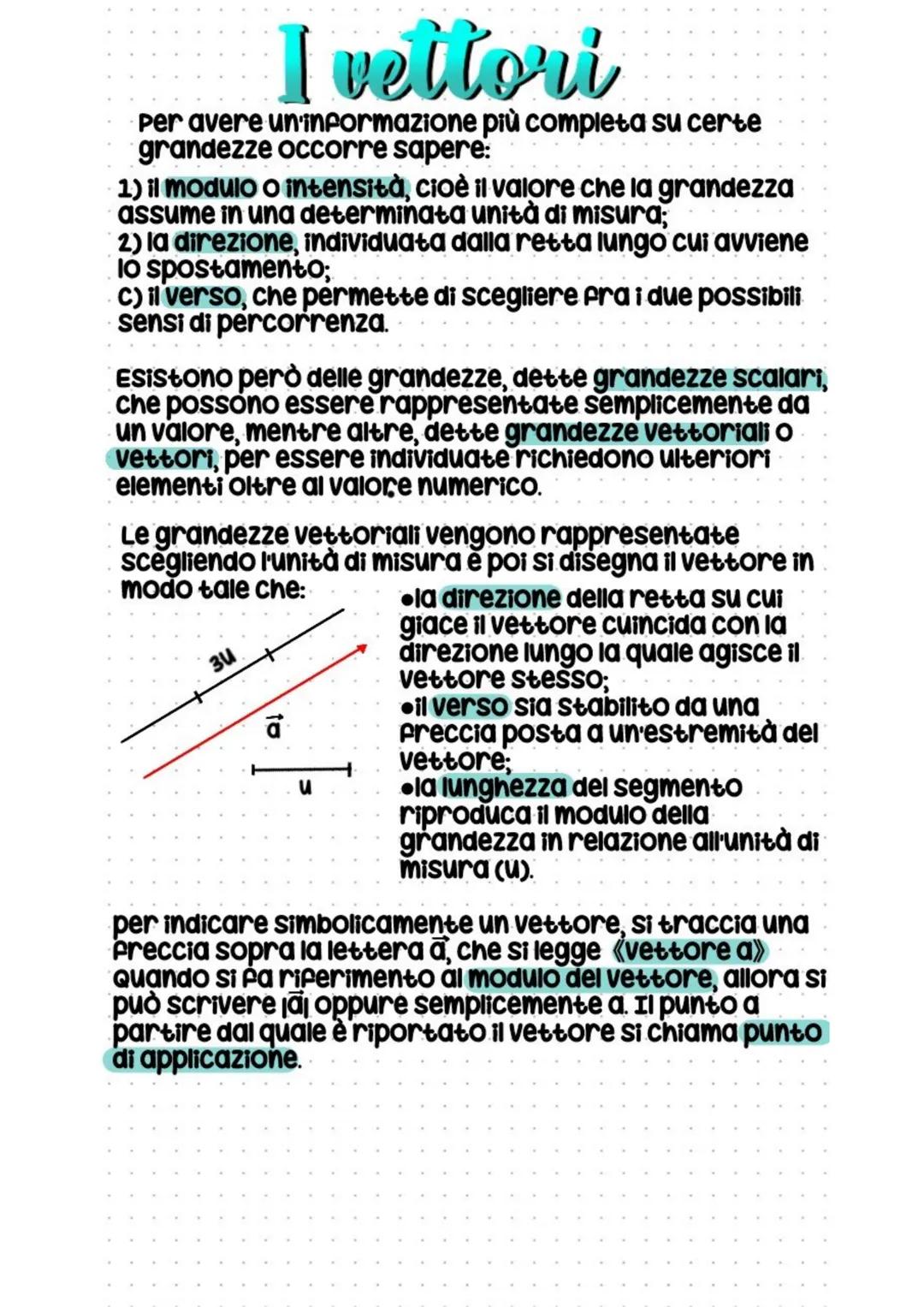 I vettori
Per avere un'informazione più completa su certe
grandezze occorre sapere:
1) il modulo o intensità, cioè il valore che la grandezz