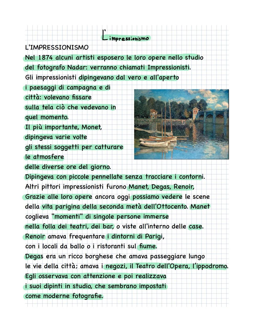Li
impressionismo

L'IMPRESSIONISMO

Nel 1874 alcuni artisti esposero le loro opere nello studio
del fotografo Nadar: verranno chiamati Impr