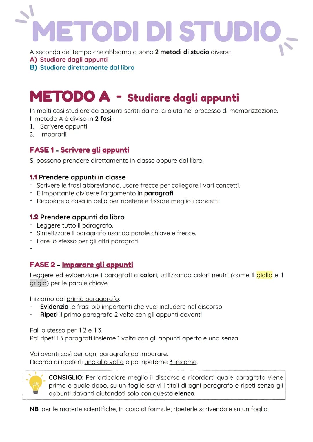 METODI DI STUDIO
A seconda del tempo che abbiamo ci sono 2 metodi di studio diversi:
A) Studiare dagli appunti
B) Studiare direttamente dal 