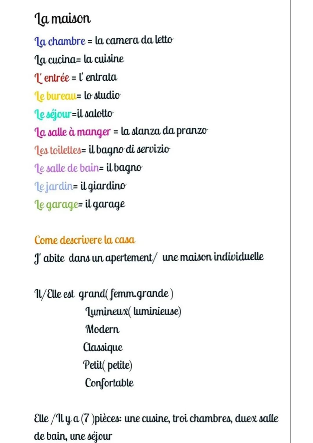 La maison
La chambre = la camera da letto
La cucina- la cuisine
L'entrée = l'entrata
Le bureau= lo studio
Le séjour-il salotto
La salle à ma