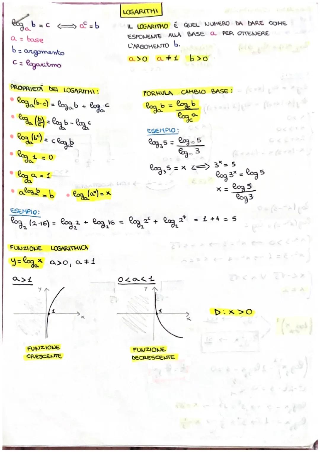logb = c <=$a^c$=b

a = base
b = argomento
c = logaritmo

PROPRIETA DEI LOGARITMI:
*   $log_a(b.c) = log_ab + log_ac$
*   $log_a(\frac{b}{c}