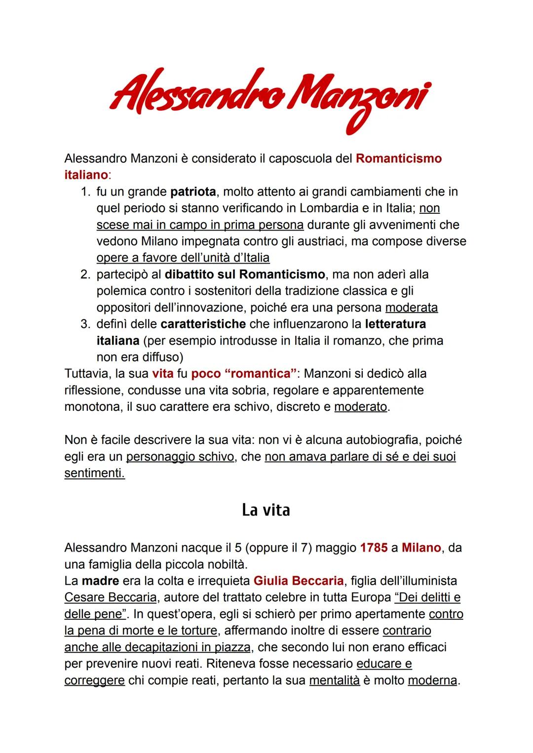 Alessandro Manzoni
Alessandro Manzoni è considerato il caposcuola del Romanticismo
italiano:
1. fu un grande patriota, molto attento ai gran