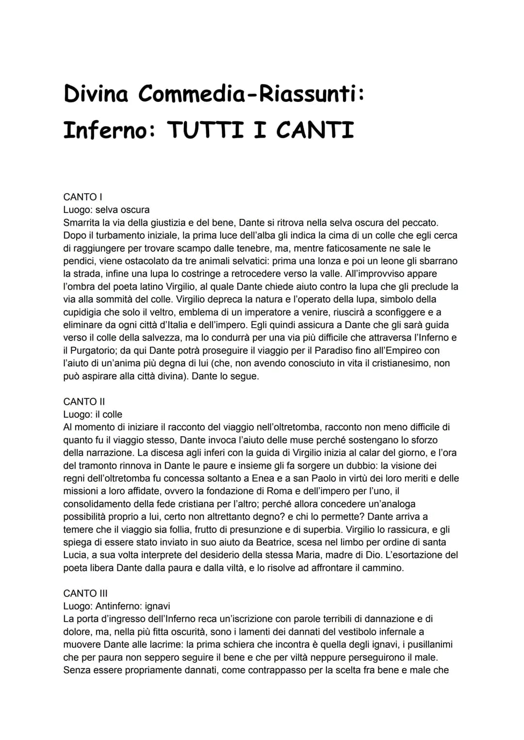 Divina Commedia-Riassunti: Inferno: TUTTI I CANTI 