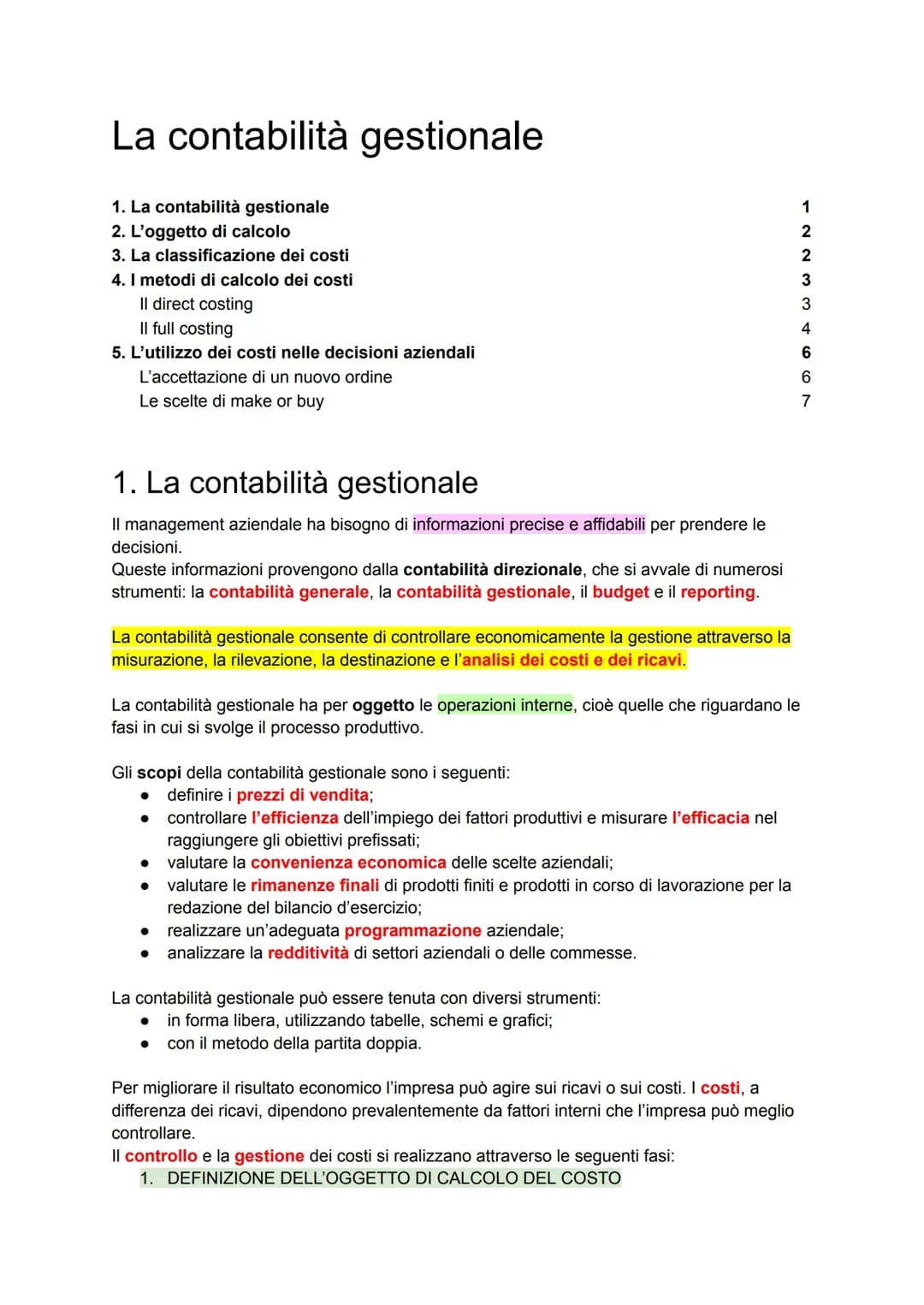 La contabilità gestionale, il direct costing, il full costing e il make or buy