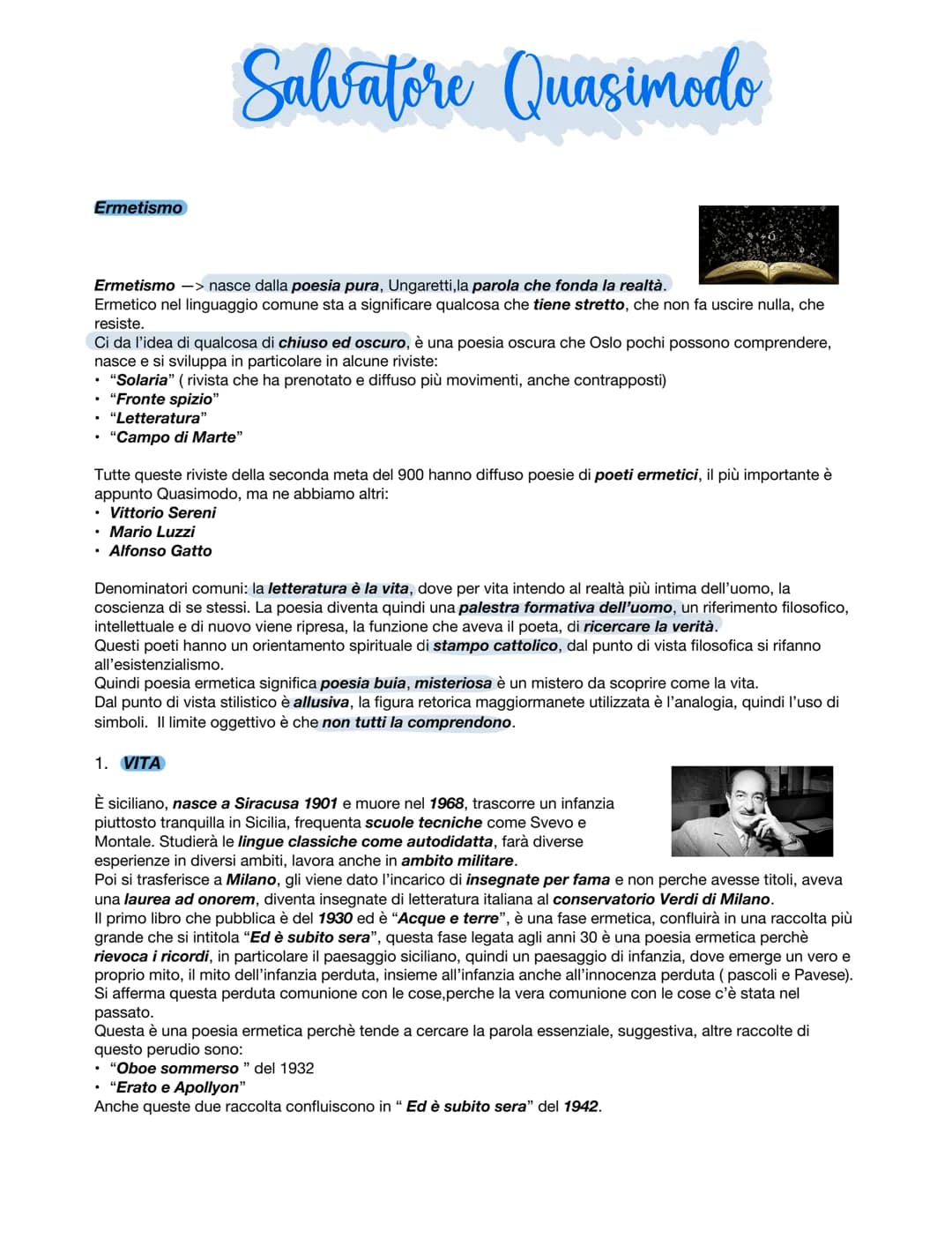 
<h2 id="salvatorequasimodo">Salvatore Quasimodo</h2>
<p><strong>Ermetismo</strong> nasce dalla poesia pura, con rappresentanti come Ungaret