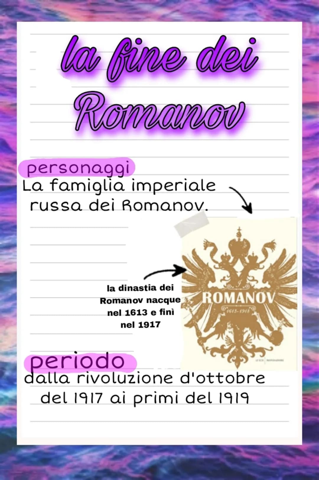 la fine dei
Romanov
personaggi
La famiglia imperiale
russa dei Romanov.
la dinastia dei
Romanov nacque
nel 1613 e finì
nel 1917
ROMANOV
1613