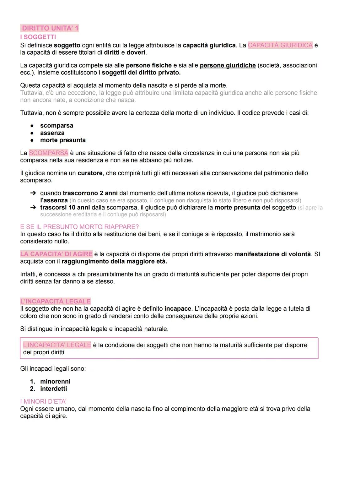 DIRITTO UNITA' 1
I SOGGETTI
Si definisce soggetto ogni entità cui la legge attribuisce la capacità giuridica. La CAPACITÀ GIURIDICA è
la cap