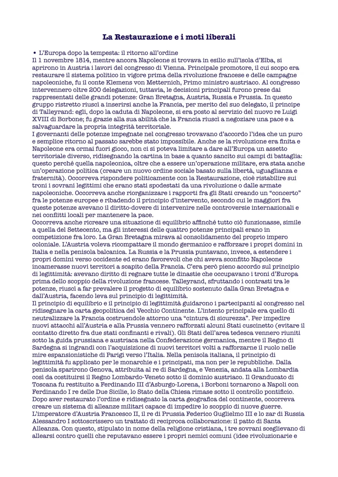 La Restaurazione e i moti liberali
• L'Europa dopo la tempesta: il ritorno all'ordine
Il 1 novembre 1814, mentre ancora Napoleone si trovava