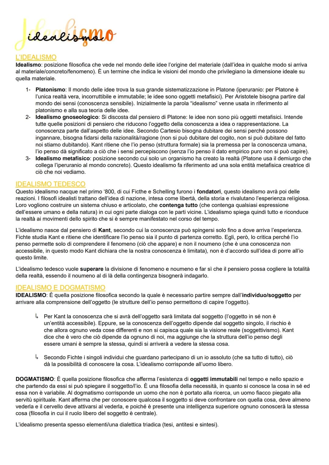 --- OCR Start ---
idealisy10
L'IDEALISMO
Idealismo: posizione filosofica che vede nel mondo delle idee l'origine del materiale (dall'idea in