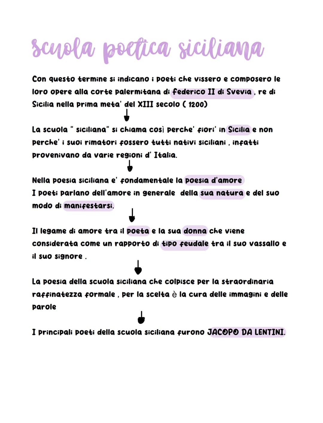 Scuola poetica siciliana
Con questo termine si indicano i poeti che vissero e composero le
loro opere alla corte palermitana di federico II 