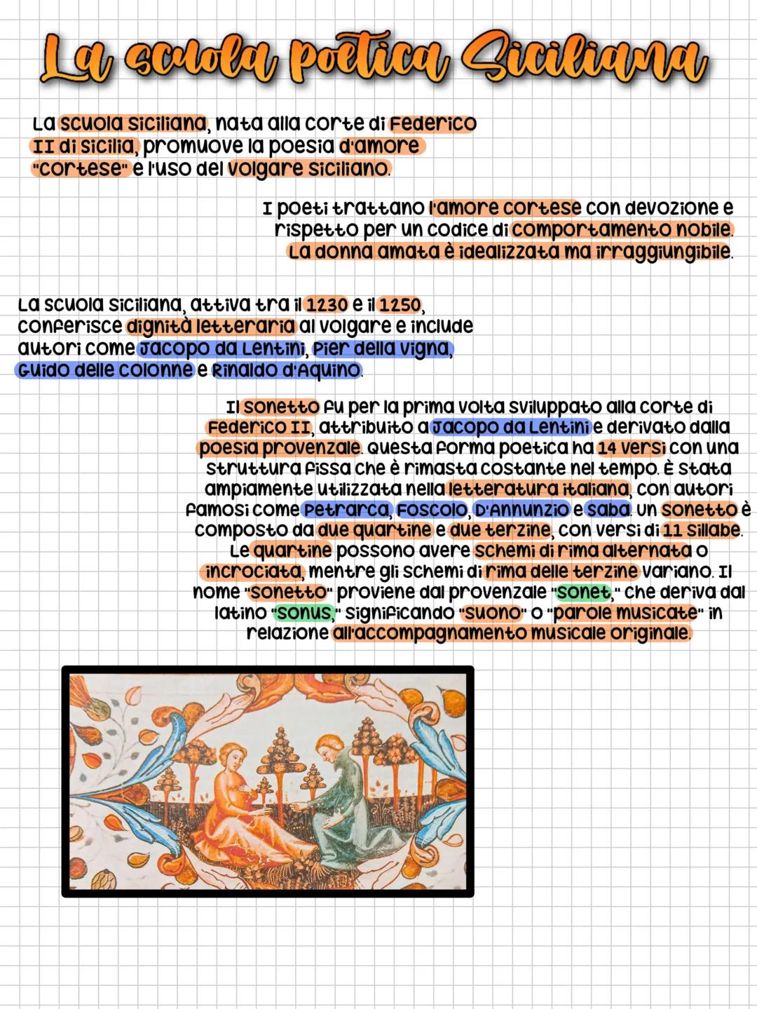 # La scuola poetica Siciliana

La scuola siciliana, nata alla corte di Federico
II di Sicilia, promuove la poesia d'amore
"cortese" e l'uso 
