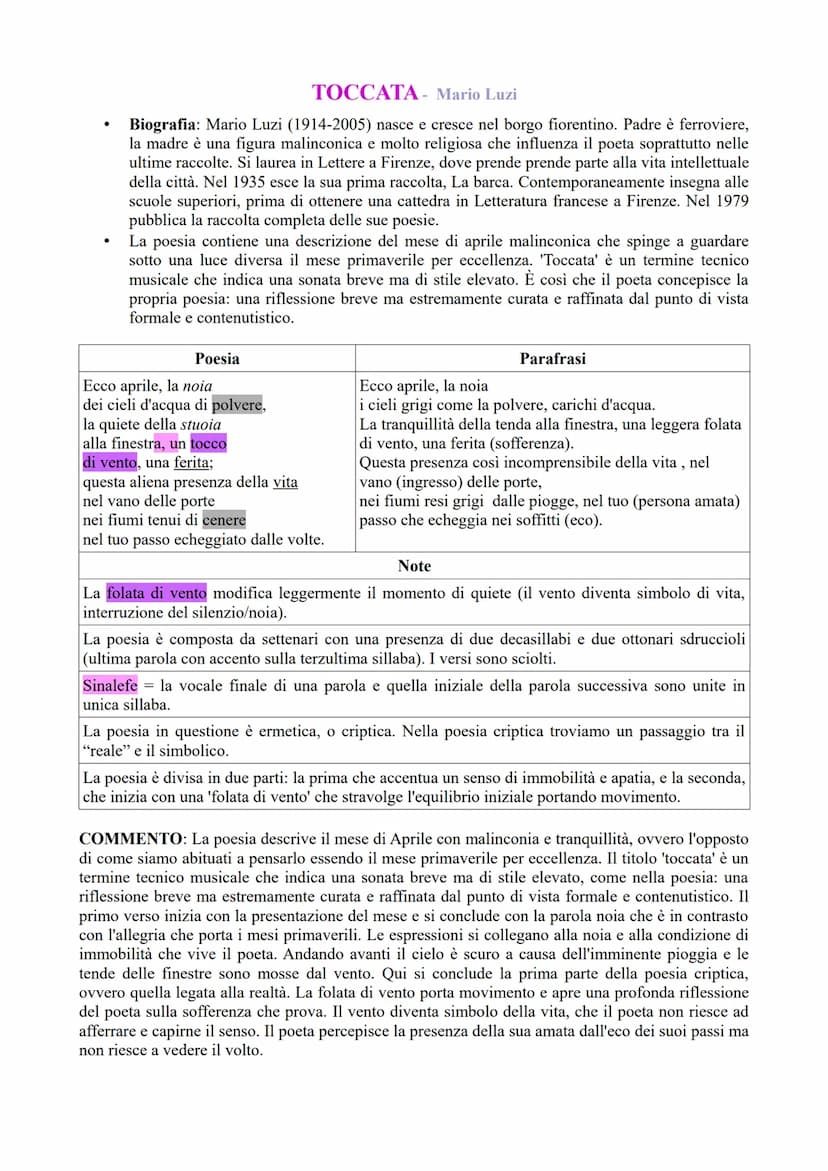 TOCCATA- Mario Luzi
Biografia: Mario Luzi (1914-2005) nasce e cresce nel borgo fiorentino. Padre è ferroviere,
la madre è una figura malinco