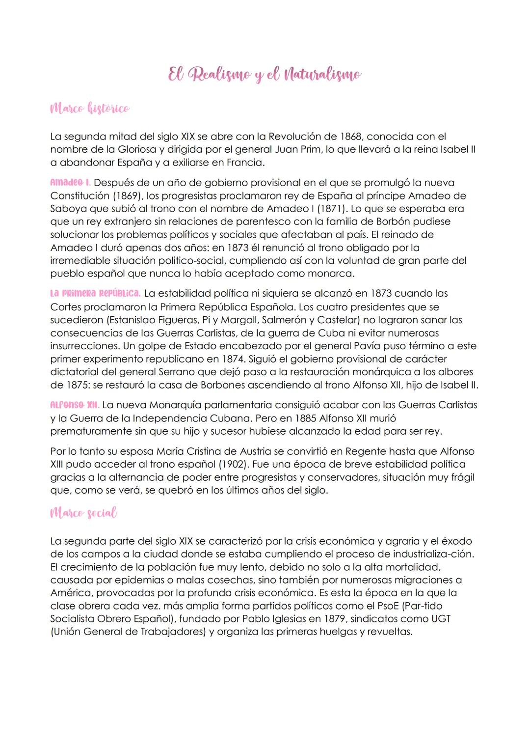 El Realismo y el Naturalismo
Marco historico
La segunda mitad del siglo XIX se abre con la Revolución de 1868, conocida con el
nombre de la 