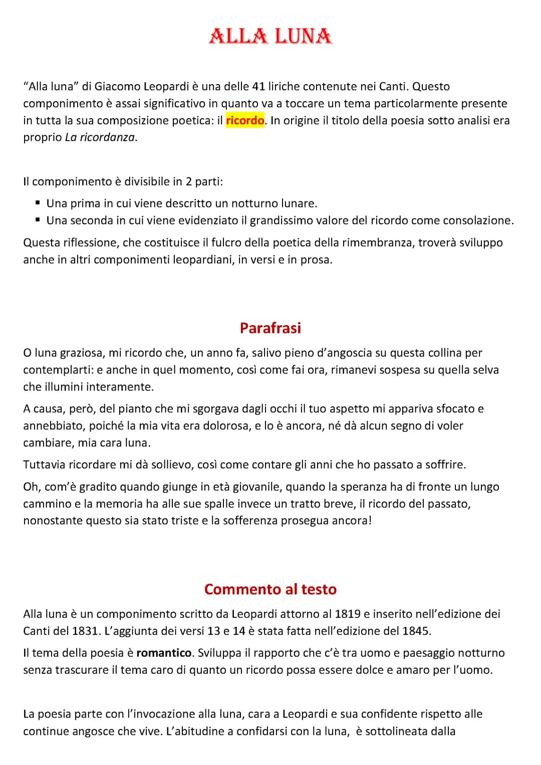 Alla luna Leopardi: Analisi testo, Parafrasi e Riassunto Semplice