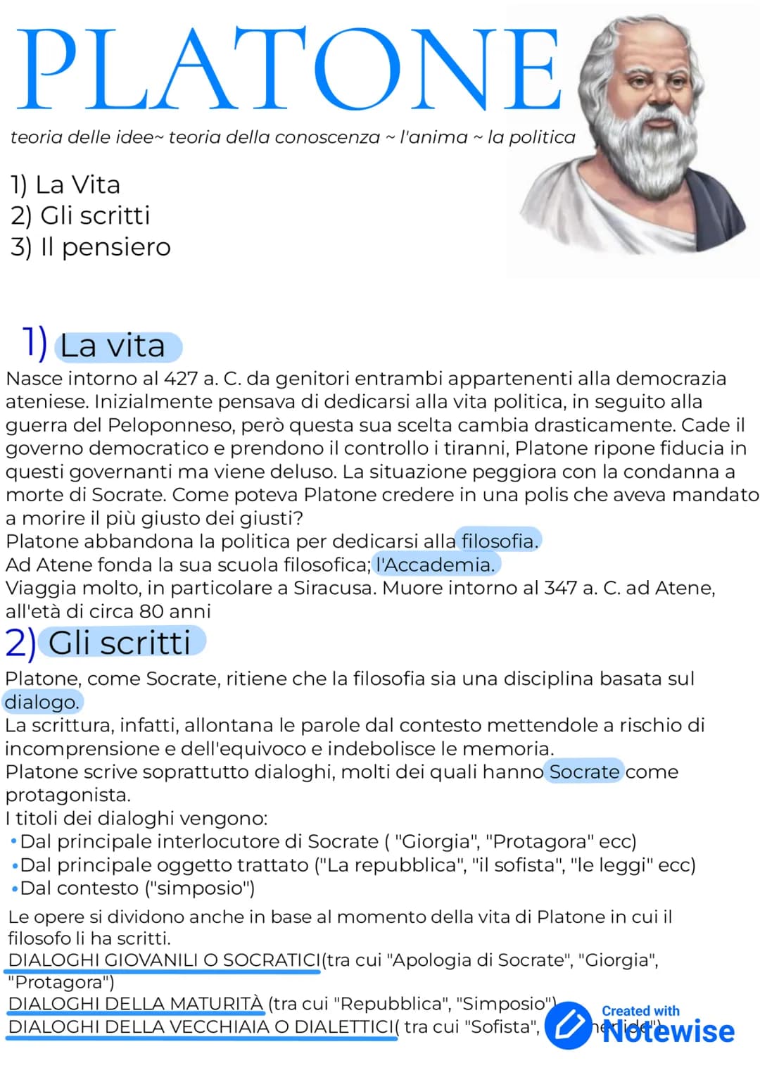 PLATONE
teoria delle idee~ teoria della conoscenza ~ l'anima ~ la politica
1) La Vita
2) Gli scritti
3) Il pensiero
1) La vita
Nasce intorno