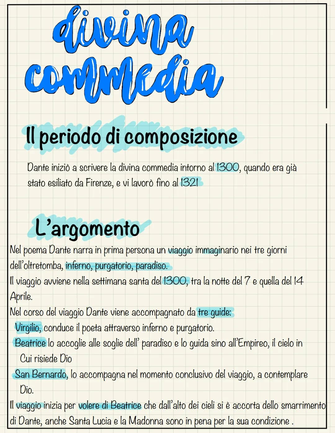 divina
commedia
Il periodo di composizione
Dante iniziò a scrivere la divina commedia intorno al 1300, quando era già
stato esiliato da Fire