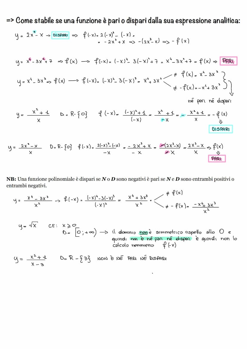 FUNZIONI PARI e FUNZIONI DISPARI:
Consideriamo una funzione fdi equazione y=f(x) e dominio D. La funzione fsi dice:
• PARI - se f(-x) = f(x)