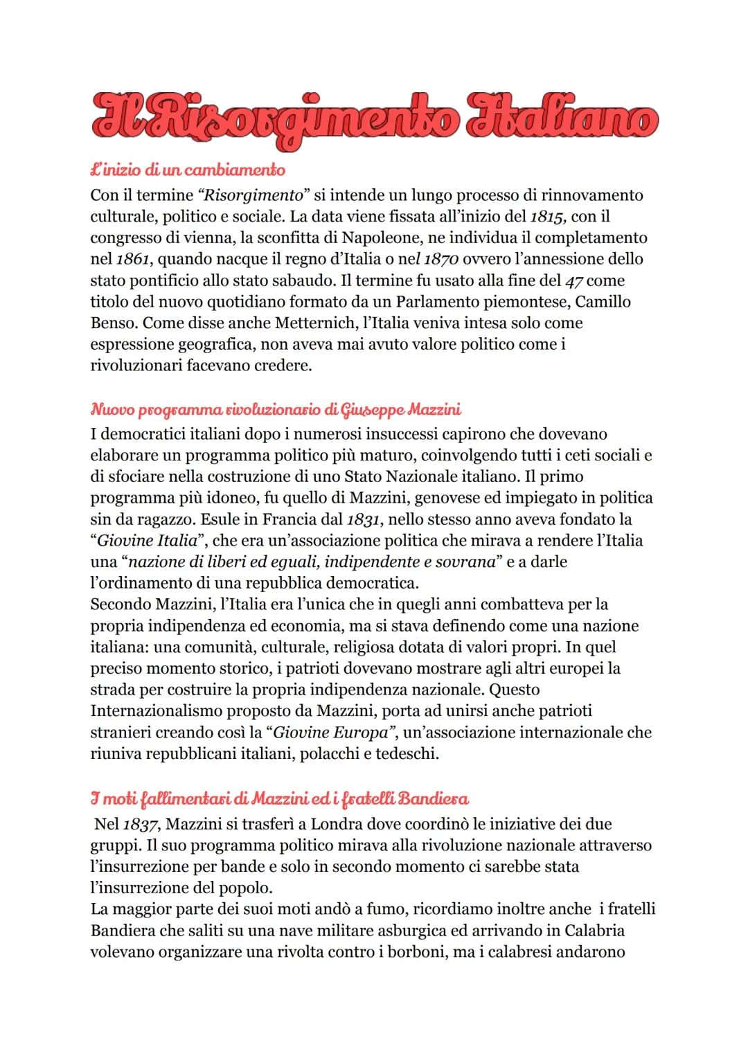 I Risorgimento Italiano
L'inizio di un cambiamento
Con il termine "Risorgimento" si intende un lungo processo di rinnovamento
culturale, pol