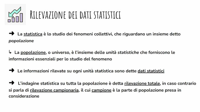 LA STATISTICA 100
RILEVAZIONE DEI DATI STATISTICI
La statistica è lo studio dei fenomeni collettivi, che riguardano un insieme detto
popolaz