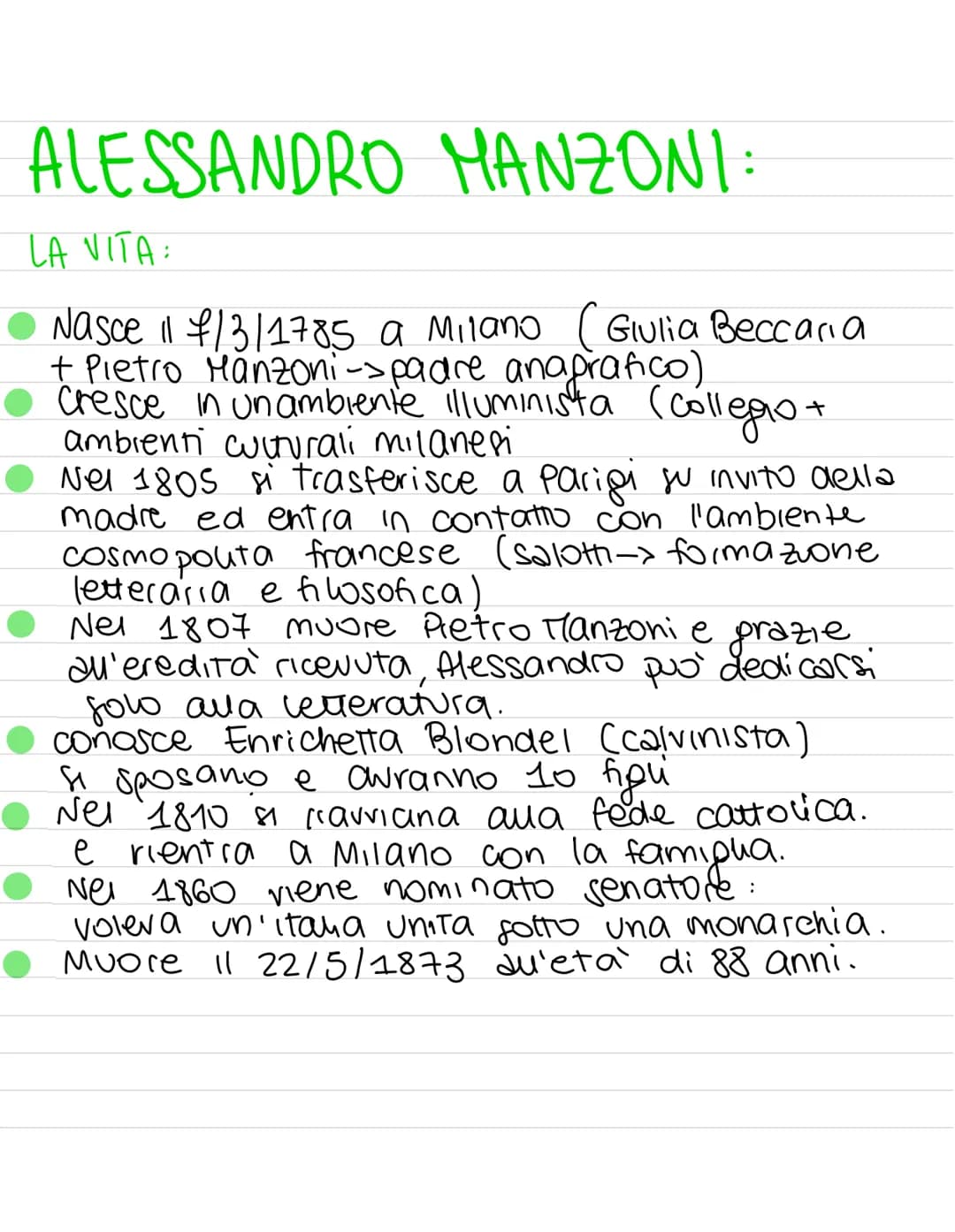 ALESSANDRO MANZONI:
LA VITA:
Nasce 11 €/3/1785 a Milano (Giulia Beccaria
Manzoni->padre anagrafico).
in un ambiente illuminista (collego+
+ 