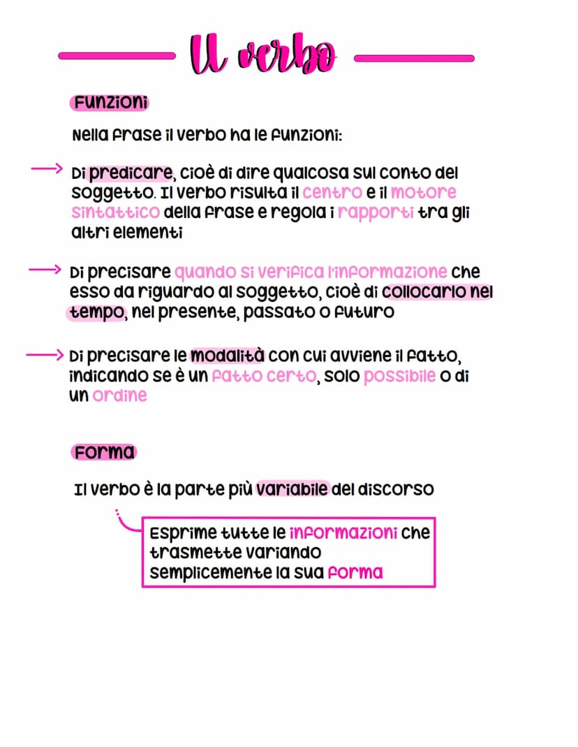 U verbo
cosa é
È la parte variabile del discorso che fornisce,
collocandole nel tempo, informazioni sul soggetto
della frase,
Ţ
che in parti
