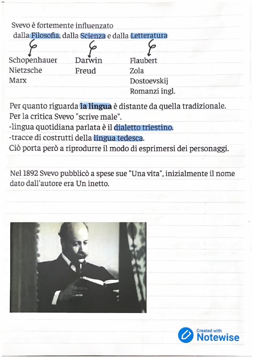 Pseudonimo per
Aron Schmiz
ITALO SVEVO
9
Nacque nel 1861 a Trieste
(famiglia agiata ebraica)
(studi commerciali)
Parallelamente coltivò la s