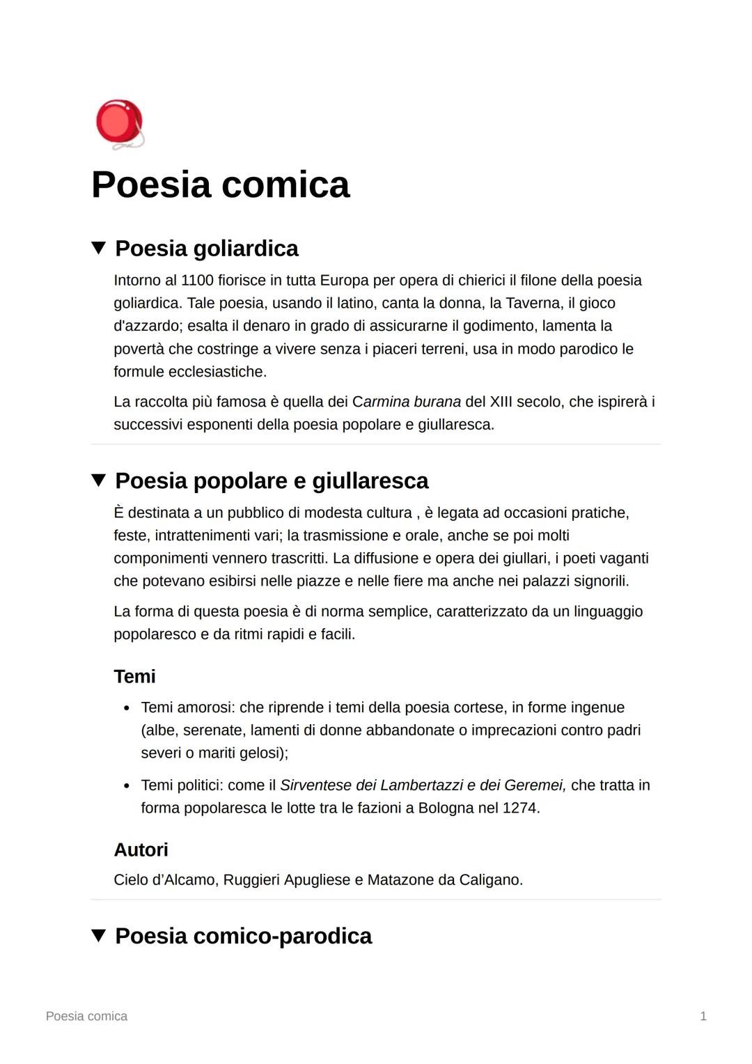 Poesia comica
Poesia goliardica
Intorno al 1100 fiorisce in tutta Europa per opera di chierici il filone della poesia
goliardica. Tale poesi