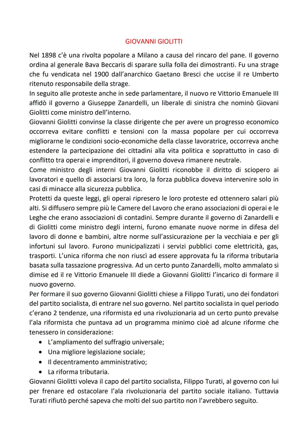 GIOVANNI GIOLITTI
Nel 1898 c'è una rivolta popolare a Milano a causa del rincaro del pane. Il governo
ordina al generale Bava Beccaris di sp