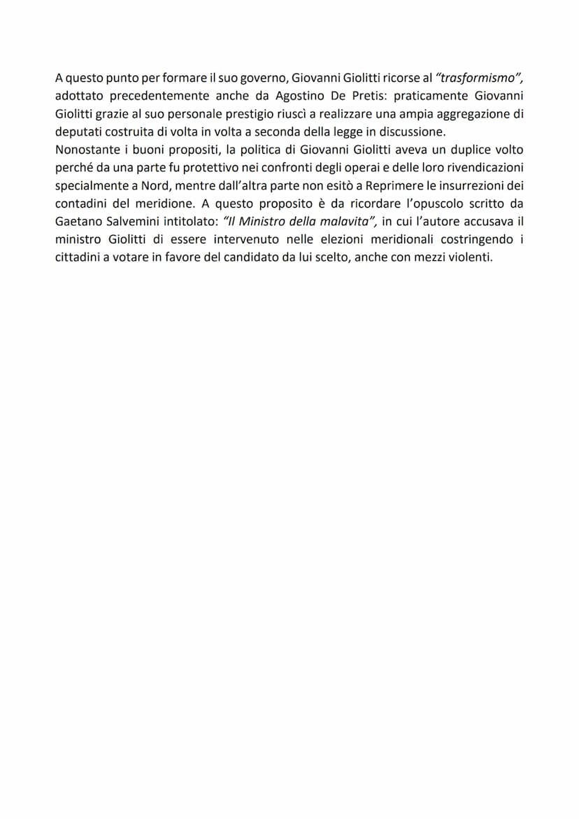 GIOVANNI GIOLITTI
Nel 1898 c'è una rivolta popolare a Milano a causa del rincaro del pane. Il governo
ordina al generale Bava Beccaris di sp