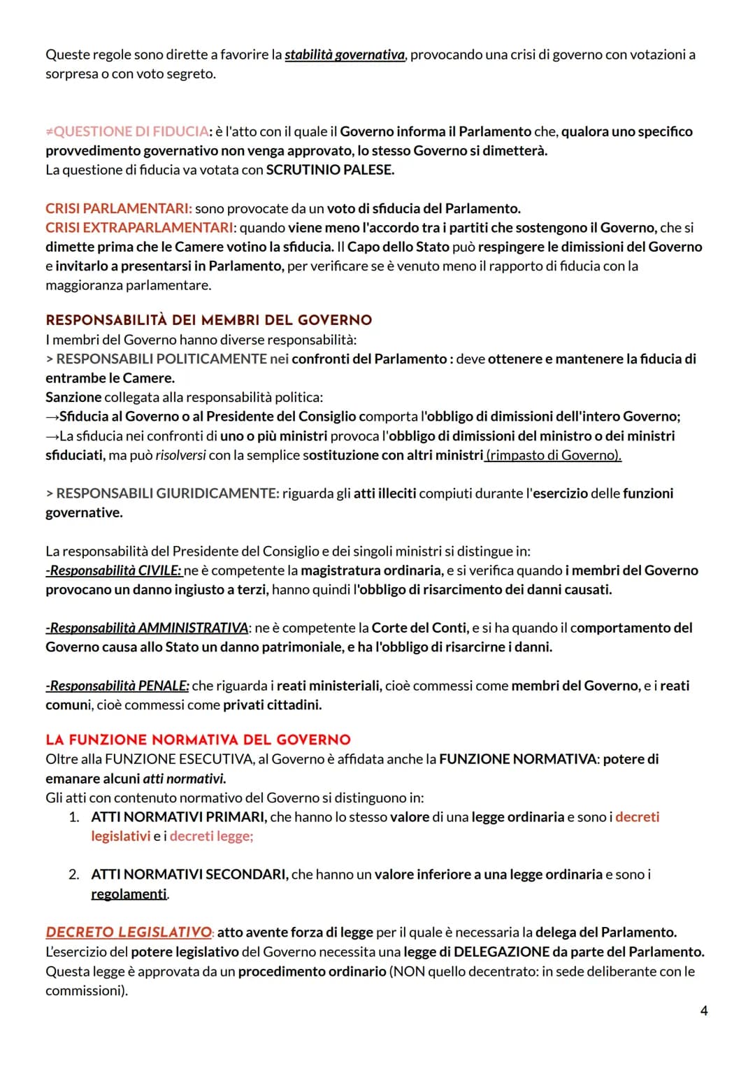 GOVERNO
E' un ORGANO COSTITUZIONALE, INDIPENDENTE E AUTONOMO, ma deve avere la FIDUCIA del
parlamento. A capo del POTERE ESECUTIVO e svolge 