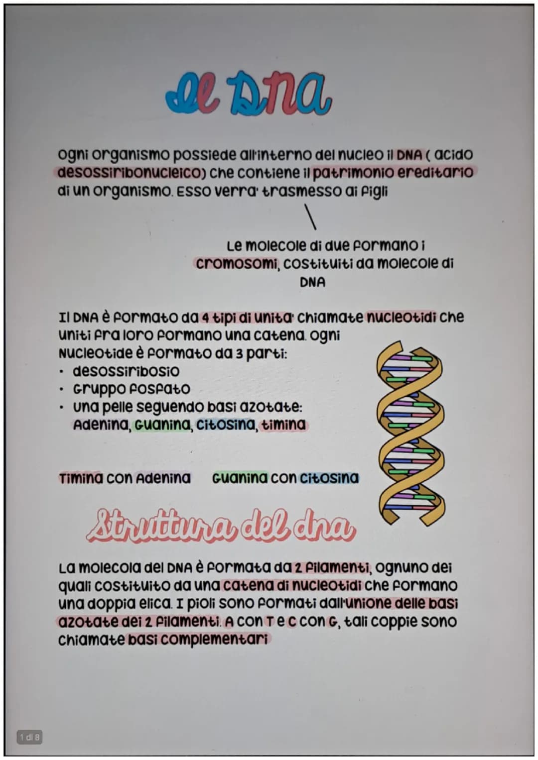 1 dl 8
el Dna
ogni organismo possiede all'interno del nucleo il DNA (acido
desossiribonucleico) che contiene il patrimonio ereditario
di un 