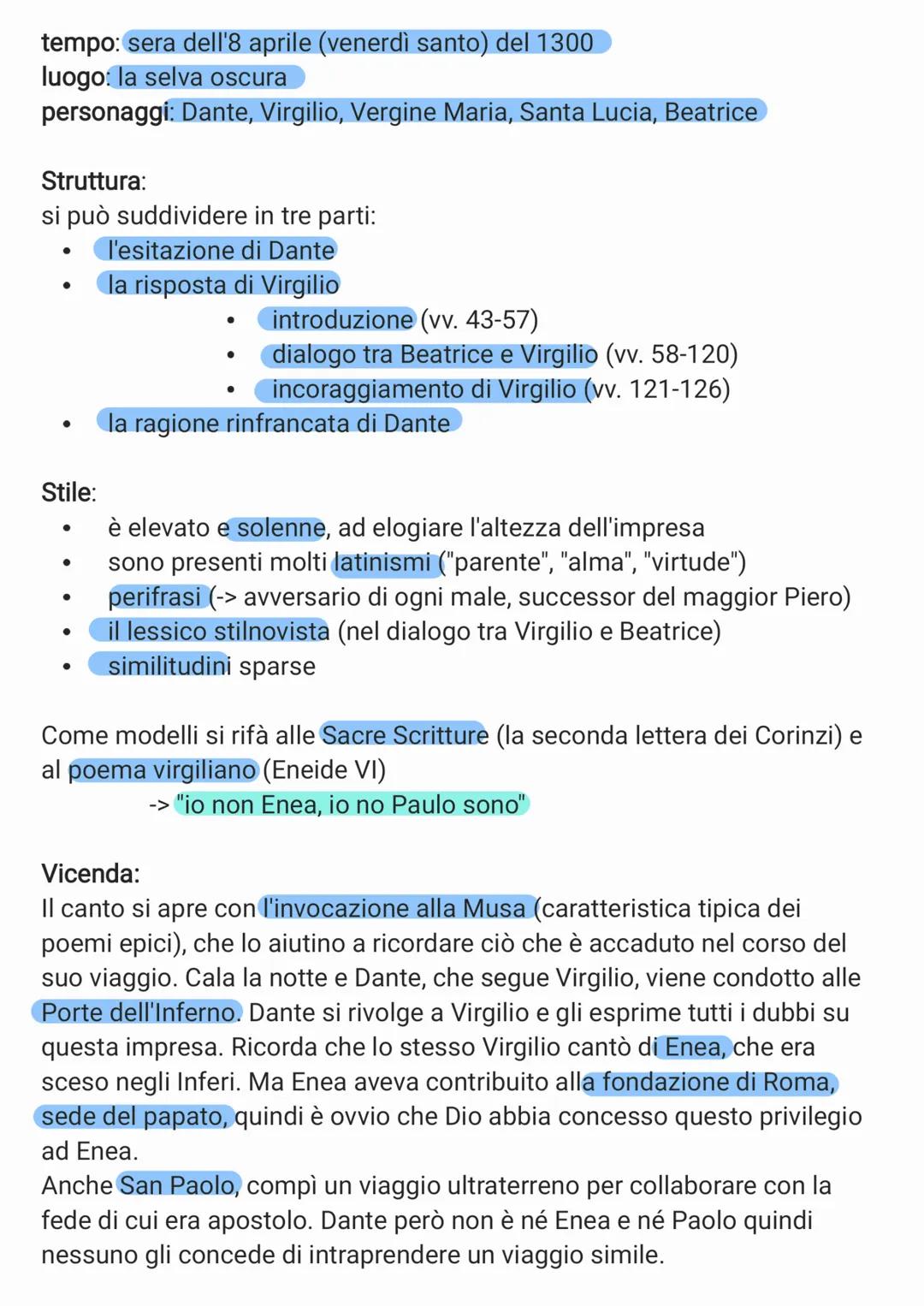 tempo: sera dell'8 aprile (venerdì santo) del 1300

luogo: la selva oscura

personaggi: Dante, Virgilio, Vergine Maria, Santa Lucia, Beatric
