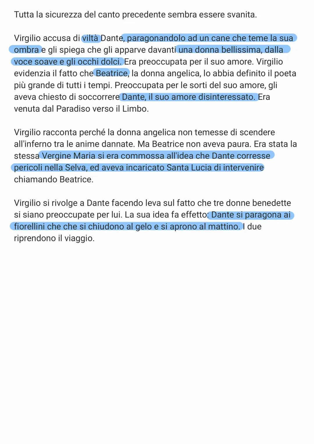 tempo: sera dell'8 aprile (venerdì santo) del 1300

luogo: la selva oscura

personaggi: Dante, Virgilio, Vergine Maria, Santa Lucia, Beatric