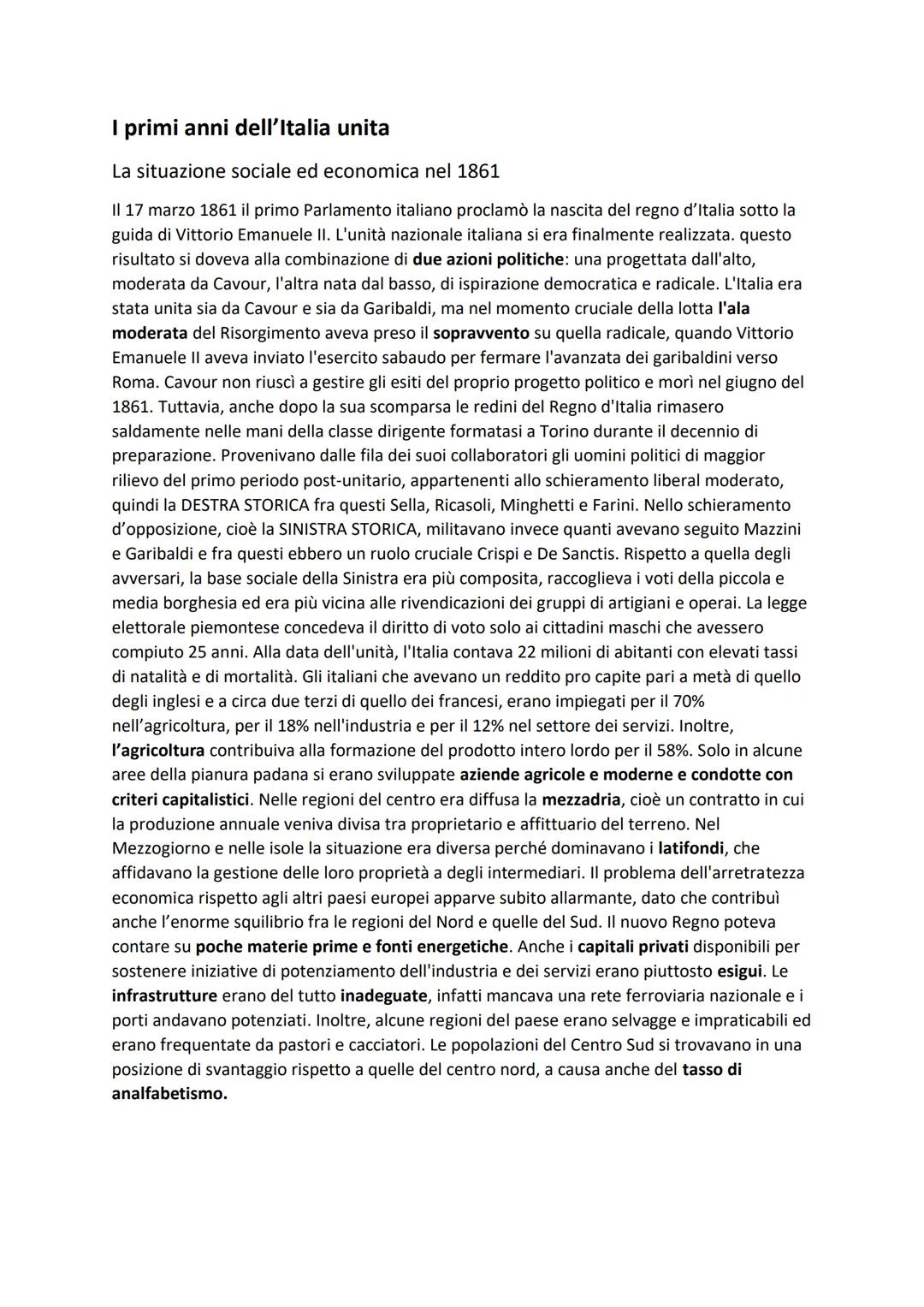 # I primi anni dell'Italia unita

La situazione sociale ed economica nel 1861

II 17 marzo 1861 il primo Parlamento italiano proclamò la nas