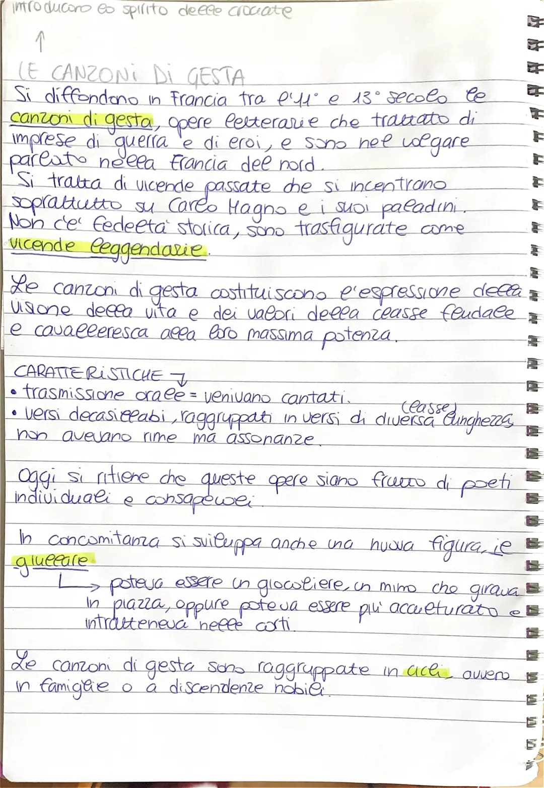 introducono eo spirito deeee crociate
↑
LE CANZONI Di GESTA.
Si diffondono in Francia tra l'11° e 13° secolo le
canzoni di gesta, opere lett