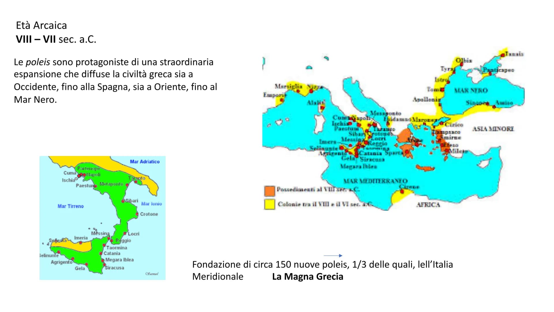 Polis: l'espansione nel
mediterraneo
La seconda colonizzazione (e le trasformazioni economiche, culturali e
politiche delle poleis) Età Arca