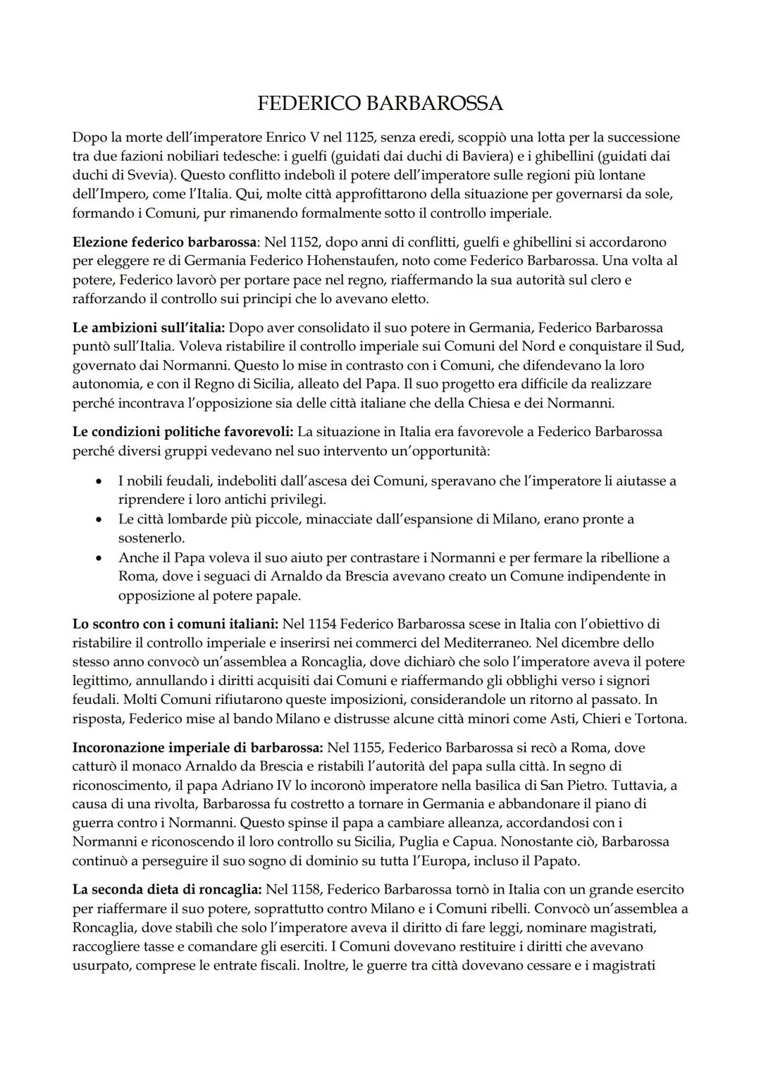 # FEDERICO BARBAROSSA

Dopo la morte dell'imperatore Enrico V nel 1125, senza eredi, scoppiò una lotta per la successione
tra due fazioni no