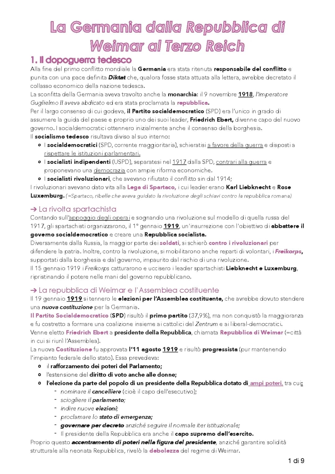 La Germania dalla Repubblica di Weimar al Terzo Reich