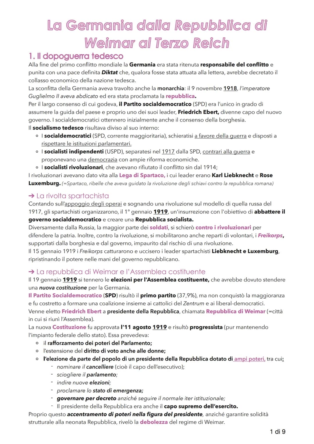 La Germania dalla Repubblica di
Weimar al Terzo Reich
1. Il dopoguerra tedesco
Alla fine del primo conflitto mondiale la Germania era stata 