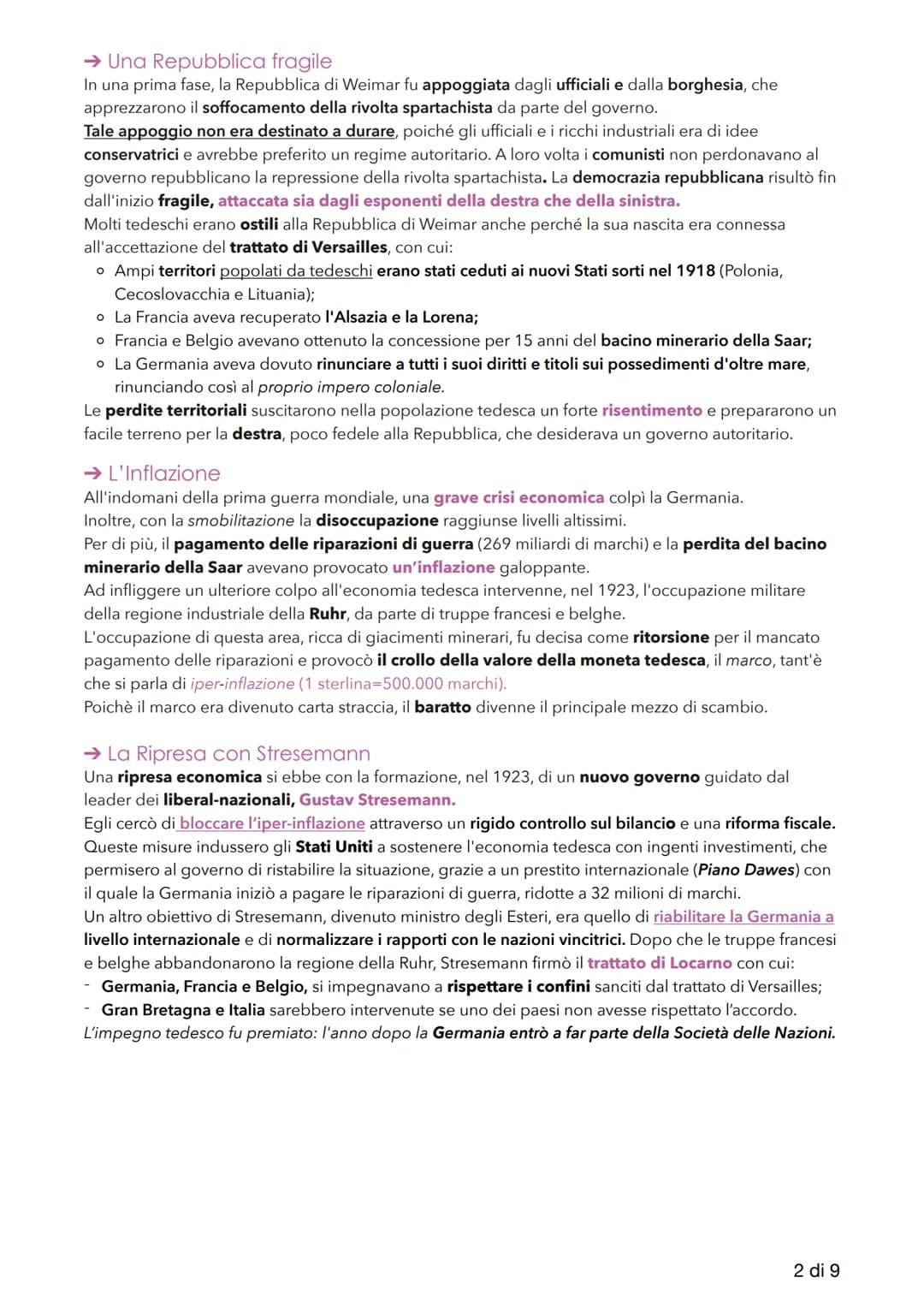 La Germania dalla Repubblica di
Weimar al Terzo Reich
1. Il dopoguerra tedesco
Alla fine del primo conflitto mondiale la Germania era stata 