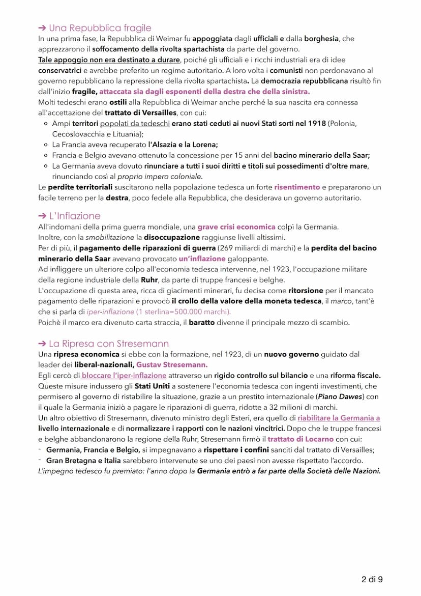 La Germania dalla Repubblica di
Weimar al Terzo Reich
1. Il dopoguerra tedesco
Alla fine del primo conflitto mondiale la Germania era stata 