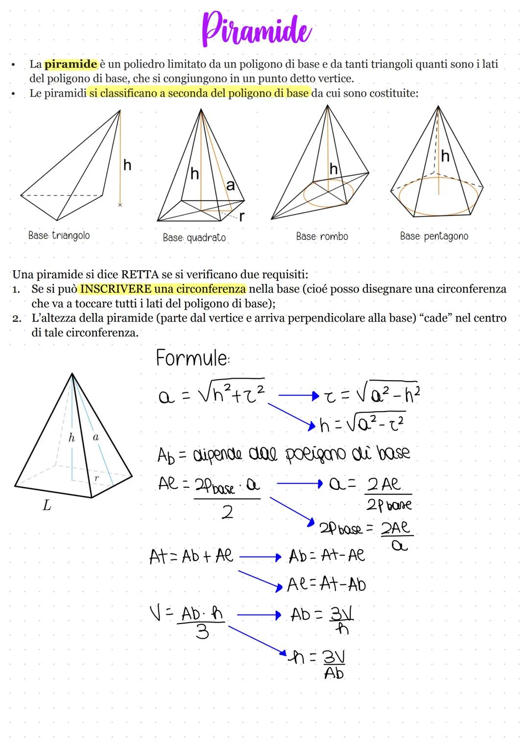 # Piramide

*   La piramide è un poliedro limitato da un poligono di base e da tanti triangoli quanti sono i lati
del poligono di base, che 