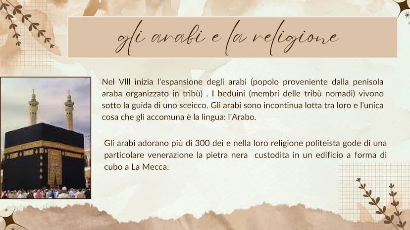 K
GLI ARABI
之
***** bfftte
gli arabi e la religione
Nel VIII inizia l'espansione degli arabi (popolo proveniente dalla penisola
araba organi