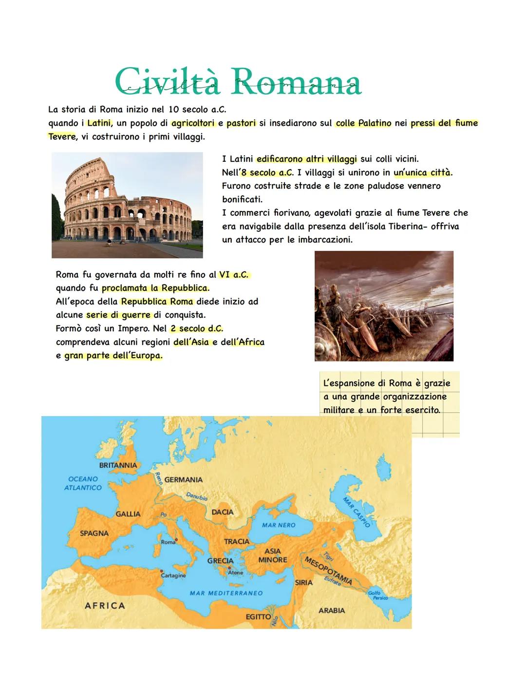 La storia di Roma inizio nel 10 secolo a.C.
quando i Latini, un popolo di agricoltori e pastori si insediarono sul colle Palatino nei pressi